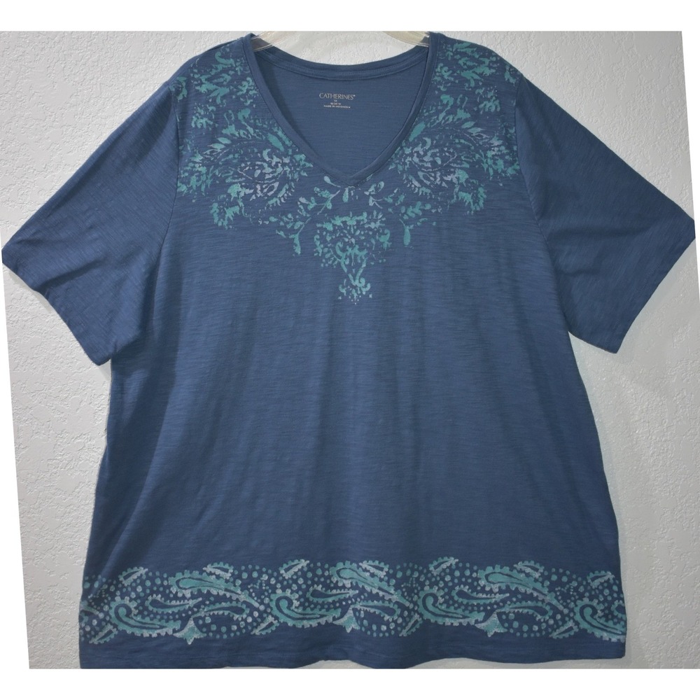 Catherines Blue Paisley Floral Slub Knit V-Neck Short Sleeve Top 1X 18/20W